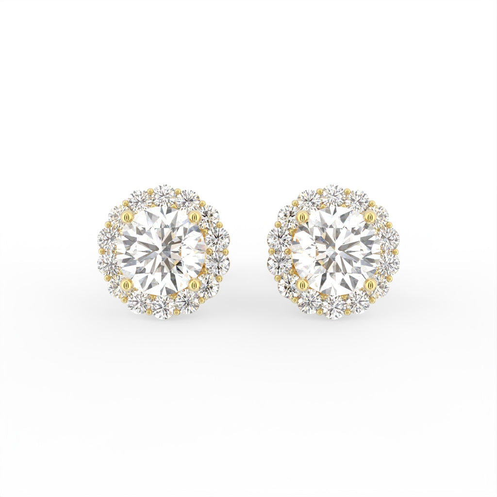 18K Floral Halo Solitaire Diamond Stud Earrings — TOP