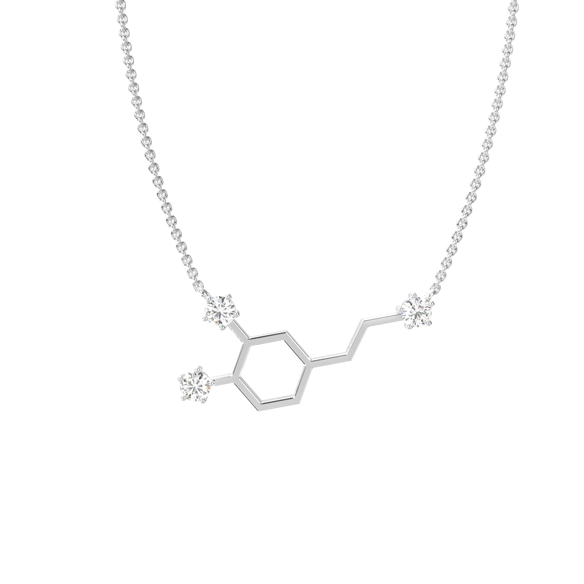 14K White Gold Serotonin Molecule Round Diamond Pendant — FRONT