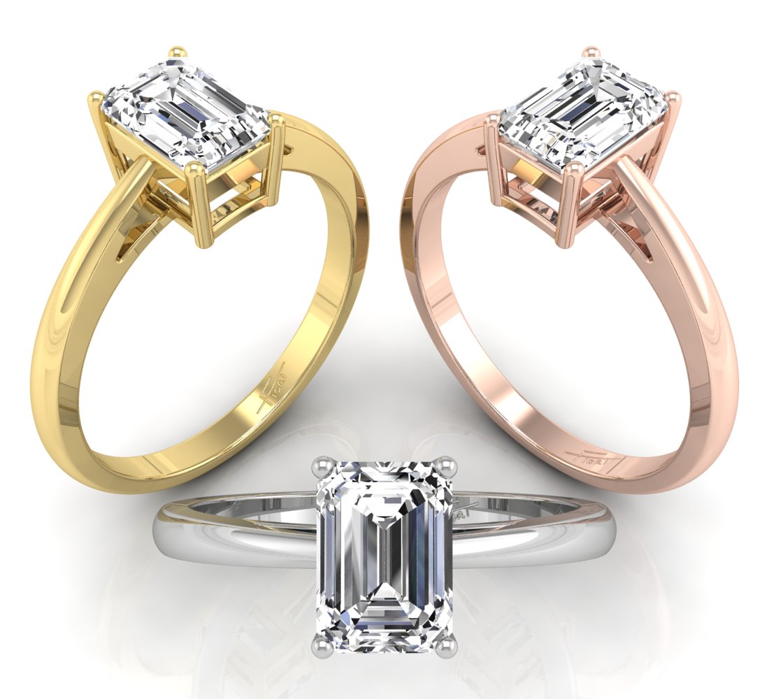18K Solitaire Emerald-Cut Diamond Ring — 3 COLOR