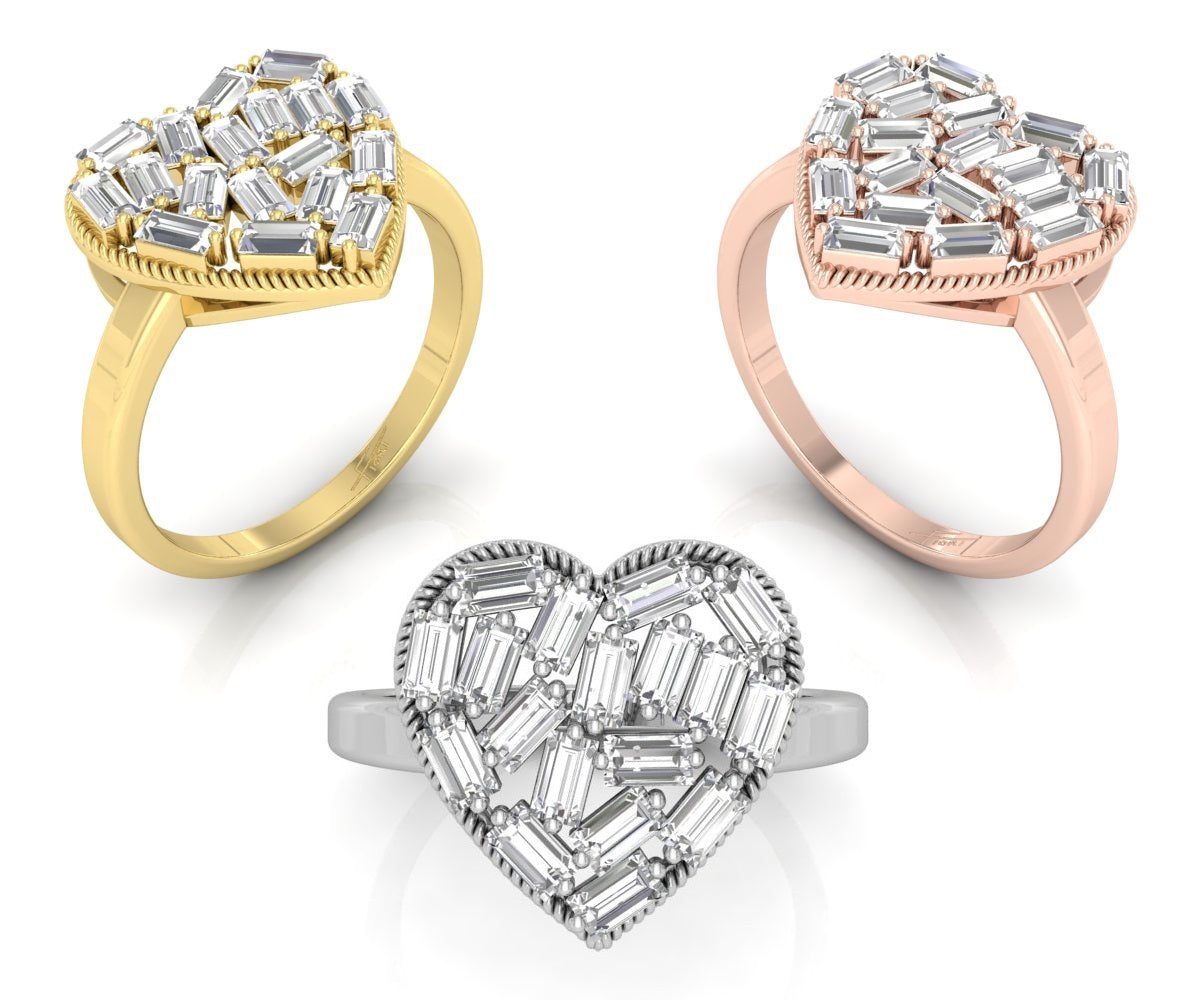 18K Rose Gold Heart Baguette Diamond Ring — 3 COLOR