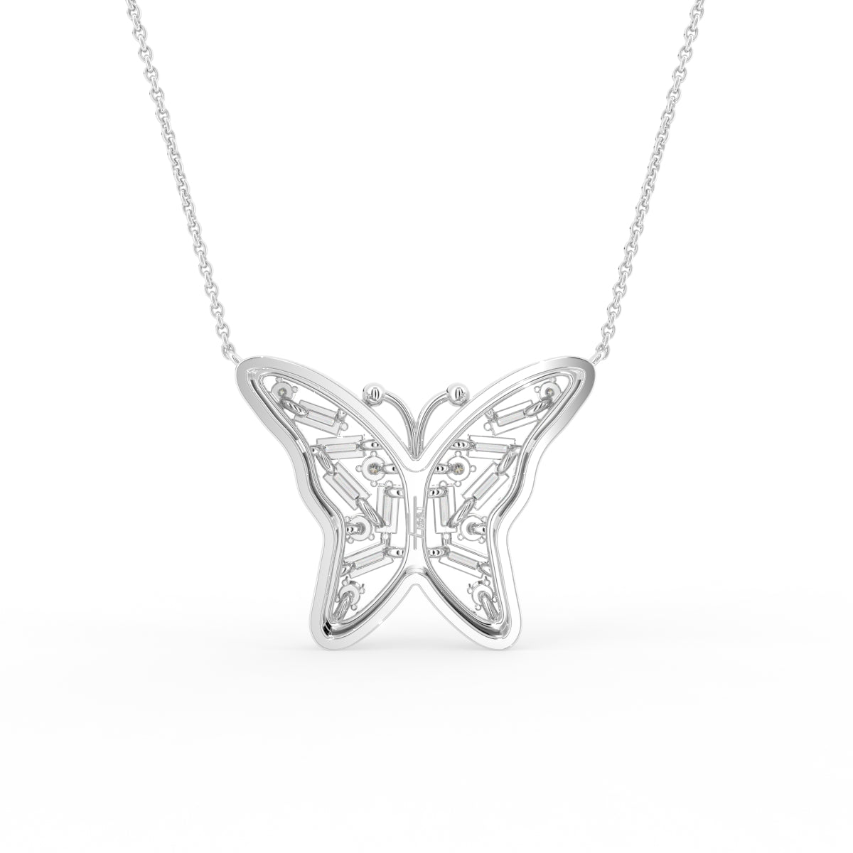 vimg:FJ6109|vimg:FJ6842|18K White Gold Butterfly Baguette Diamond Pendant — BACK