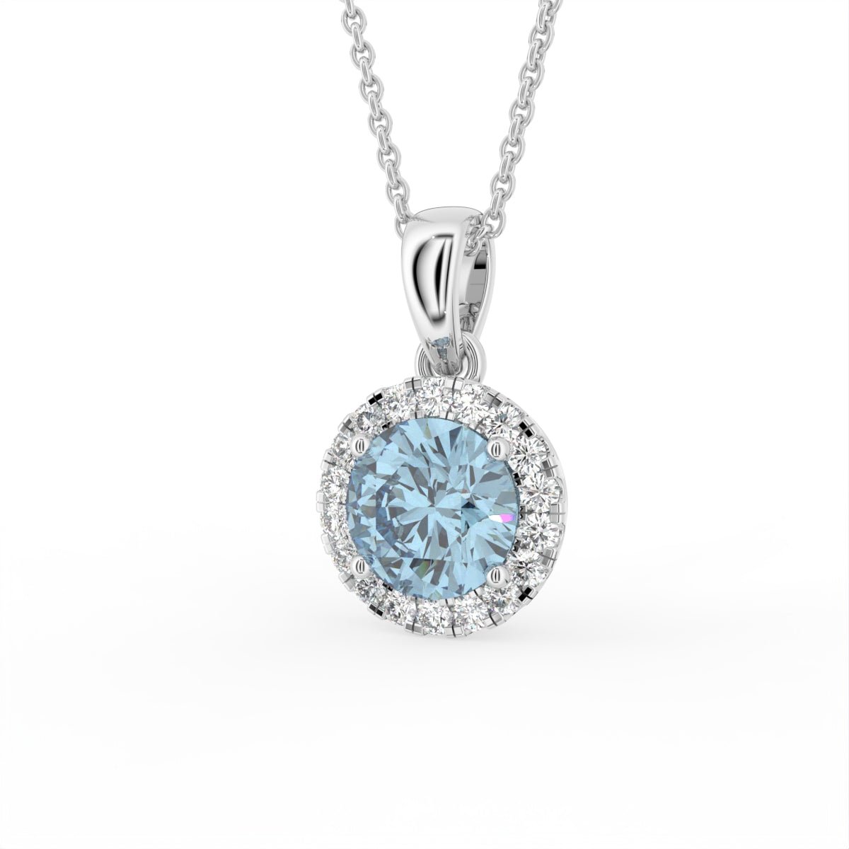 18K White Gold Halo Round Blue Diamond Pendant — 3D VIEW