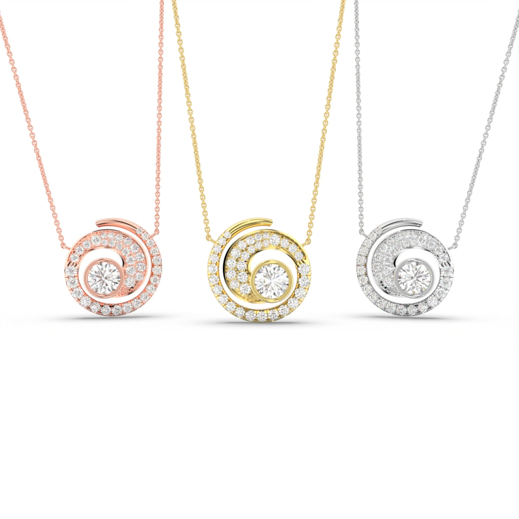 18K White Gold Spiral Round Diamond Pendant — 3 COLOR