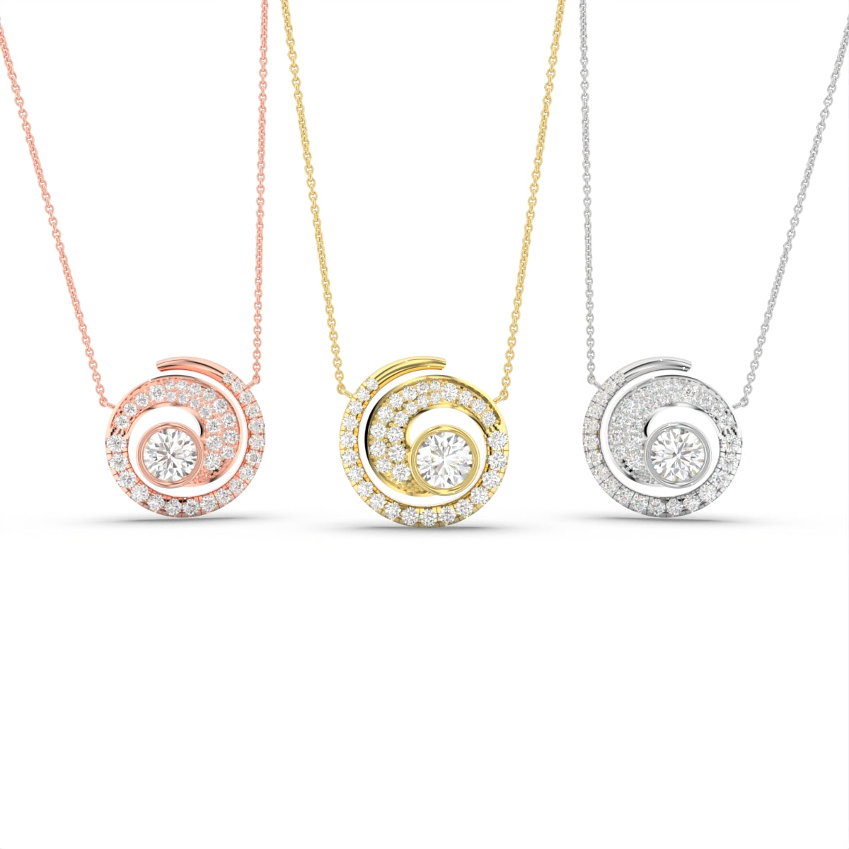 18K White Gold Spiral Round Diamond Pendant — 3 COLOR