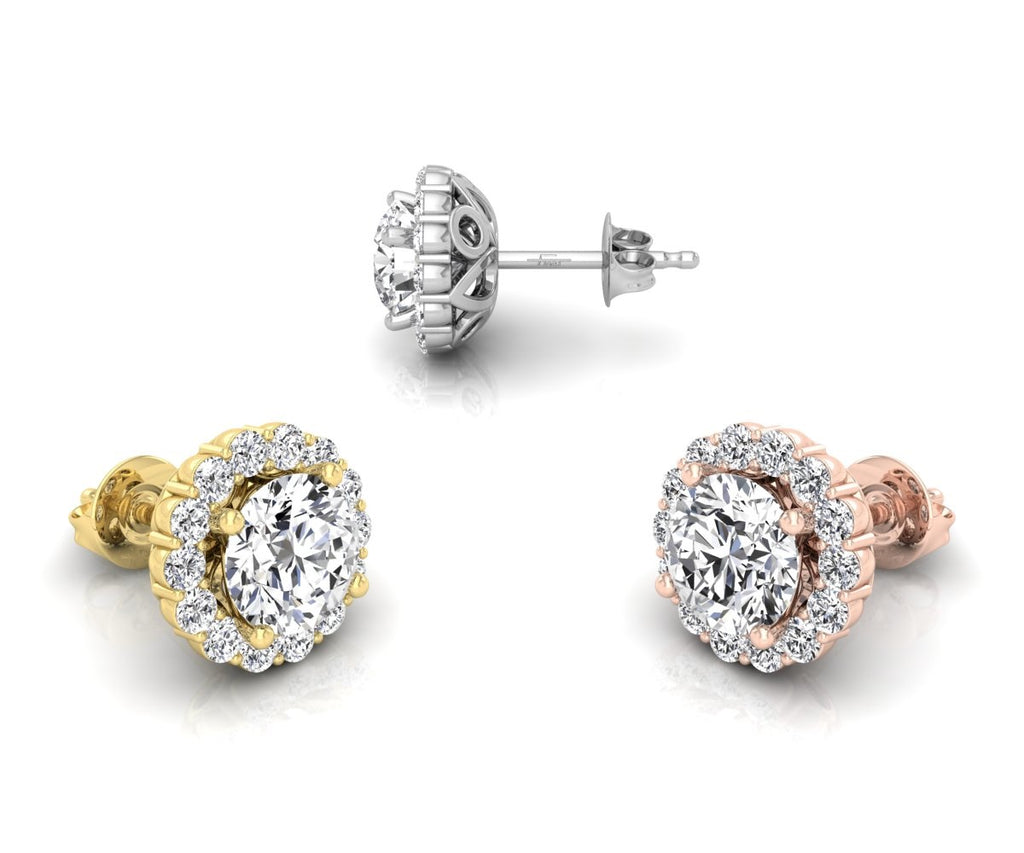 18K Floral Halo Solitaire Diamond Stud Earrings — 3 COLOR