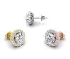 18K Floral Halo Solitaire Diamond Stud Earrings — 3 COLOR