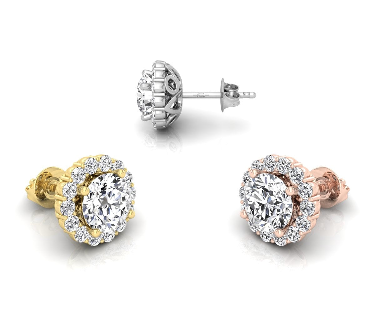 18K Floral Halo Solitaire Diamond Stud Earrings — 3 COLOR