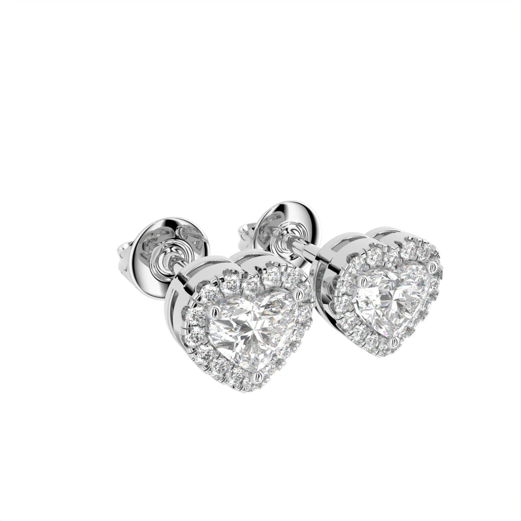 18K Heart Halo Diamond Earrings — 3D VIEW