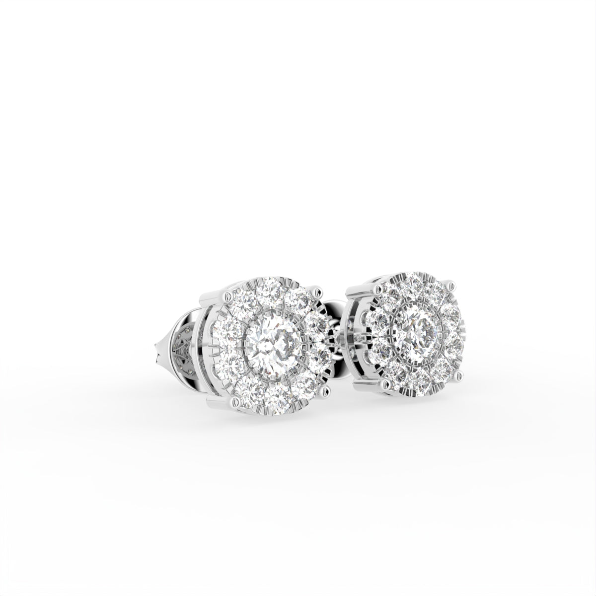 18K Round Floral Halo Diamond Earrings — 3D VIEW
