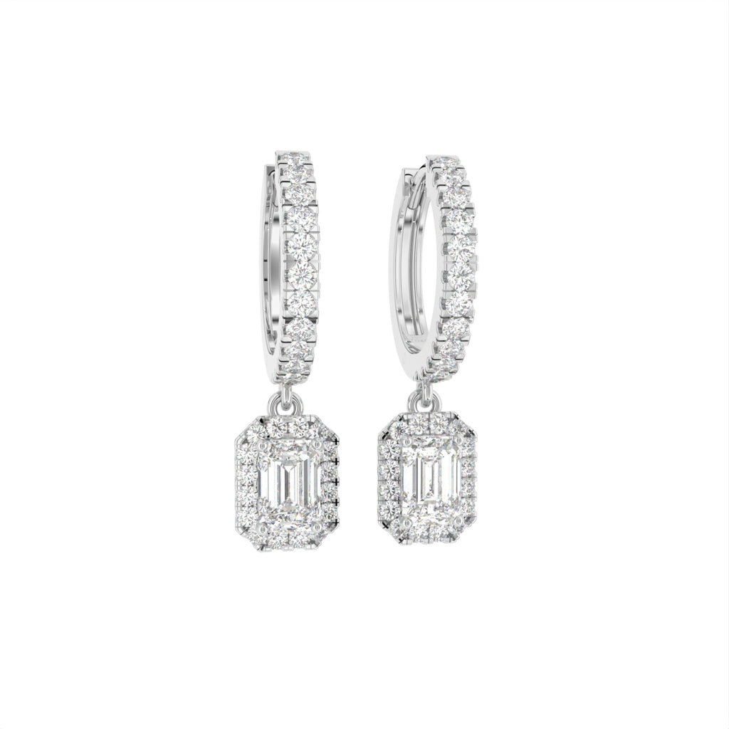 18K Emerald Halo Drop Diamond Earrings — 3D VIEW