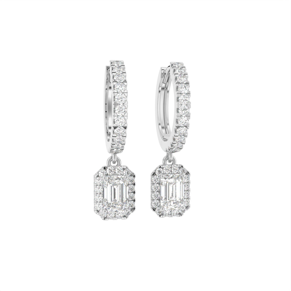 18K Emerald Halo Drop Diamond Earrings — 3D VIEW