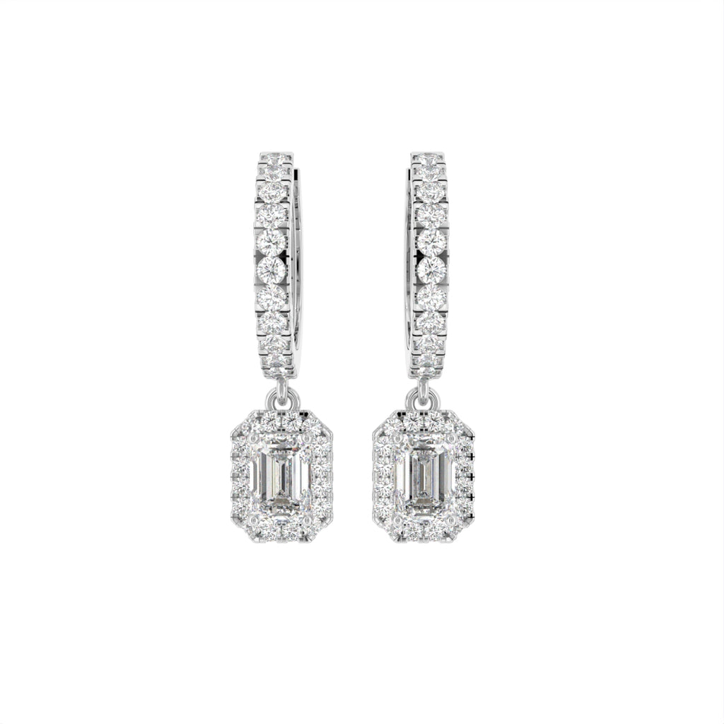 18K Emerald Halo Drop Diamond Earrings — TOP