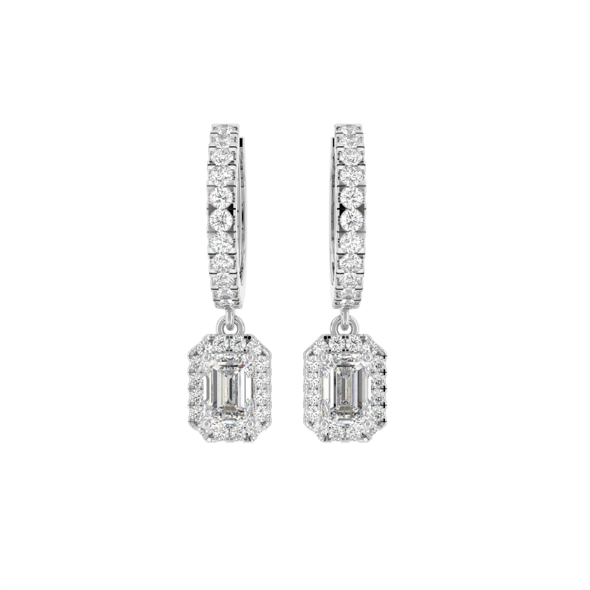 18K Emerald Halo Drop Diamond Earrings — TOP