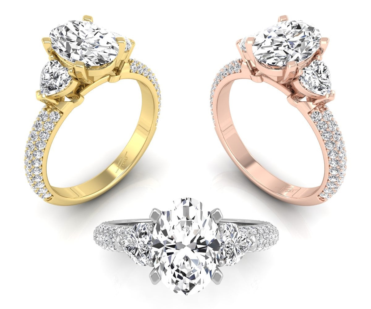 18K Oval Shoulder Set Diamond Engagement Ring — 3 COLOR