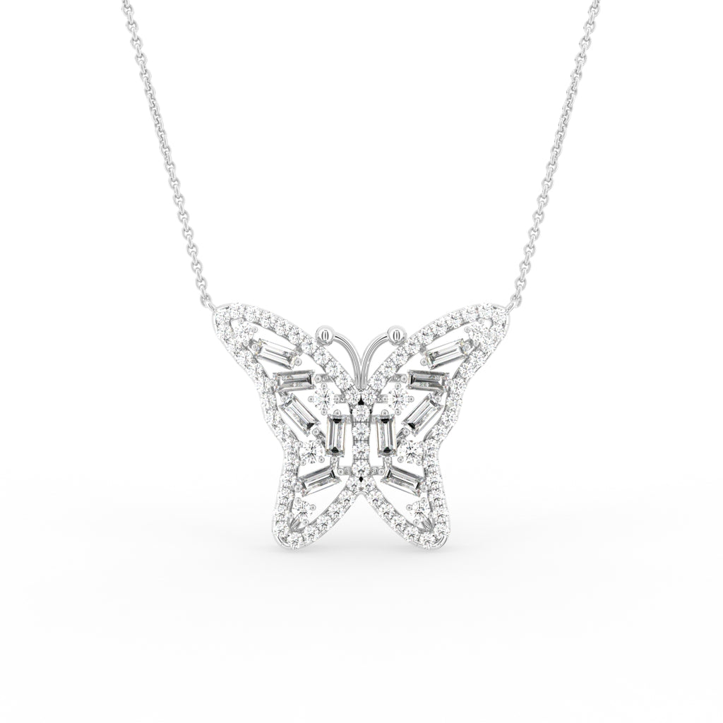 vimg:FJ6109|vimg:FJ6842|18K White Gold Butterfly Baguette Diamond Pendant — FRONT
