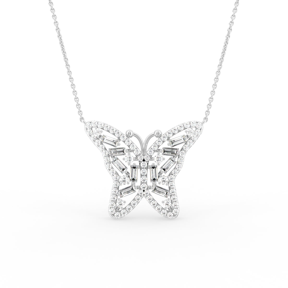 vimg:FJ6109|vimg:FJ6842|18K White Gold Butterfly Baguette Diamond Pendant — FRONT
