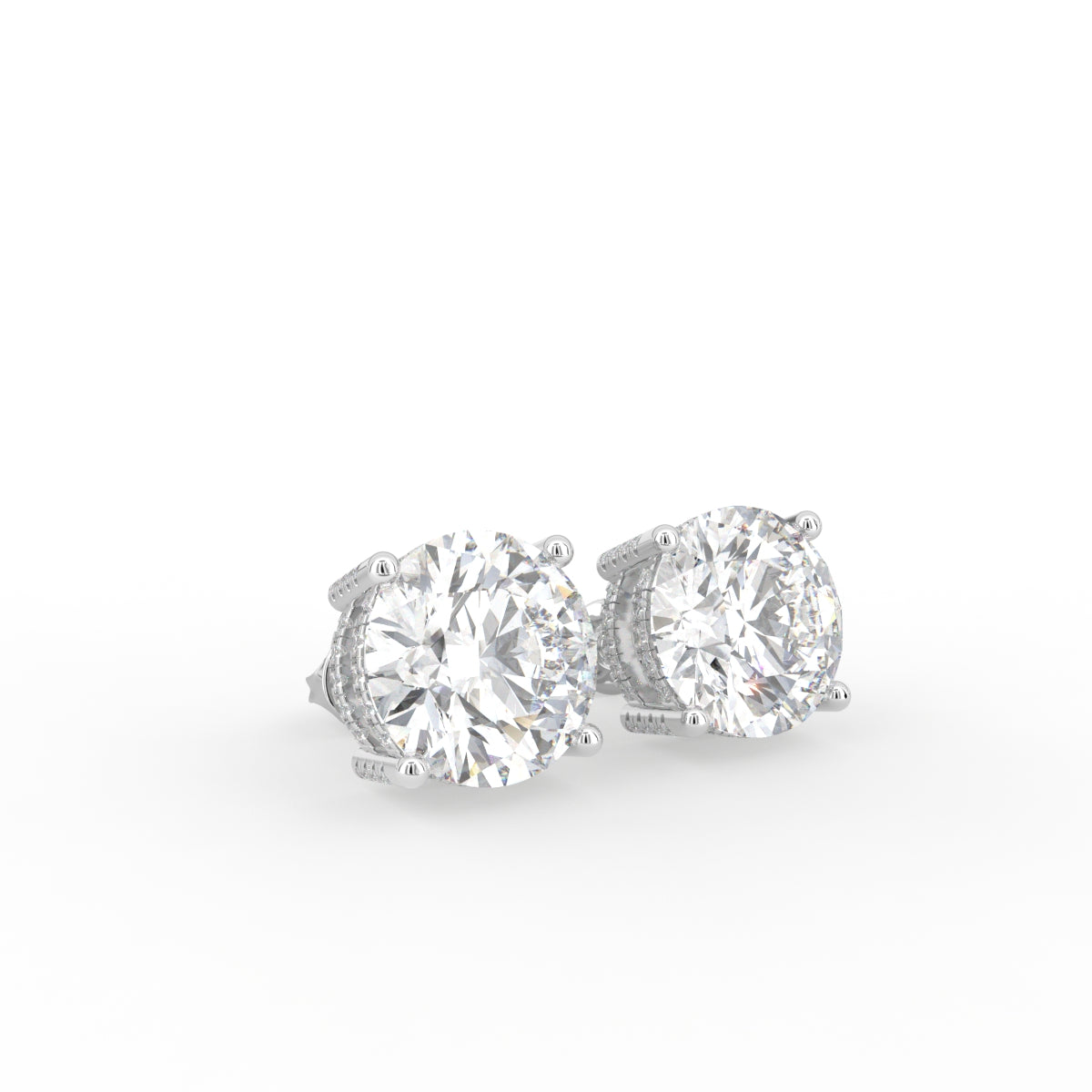 18K White Gold Solitaire Round Diamond Earrings — 3D VIEW