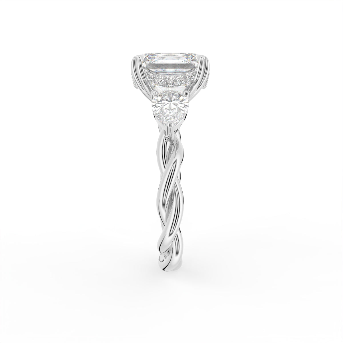 18K White Gold Trilogy Cushion Diamond Engagement Ring — SIDE