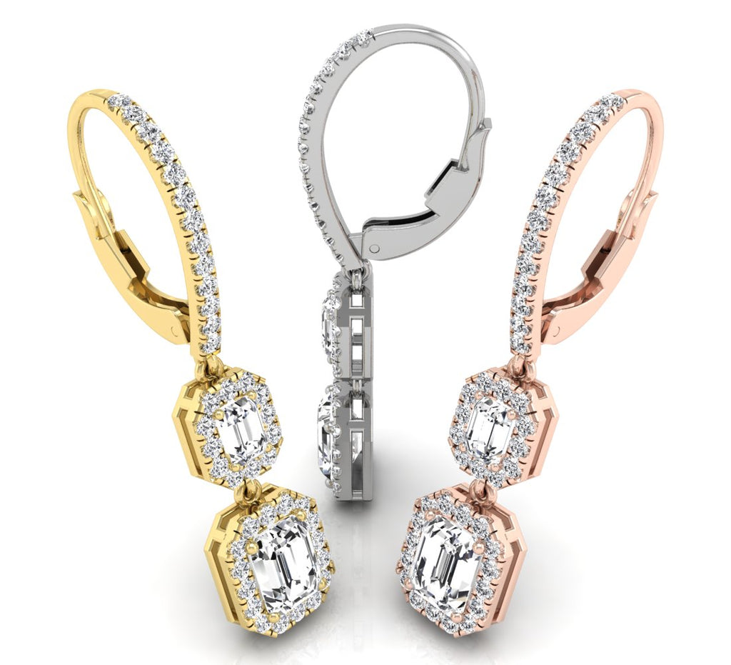 18K White Gold Emerald Cut Halo Diamond Drop Earrings — 3 COLOR