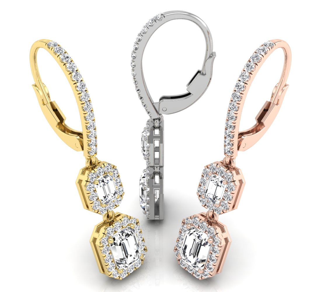 18K White Gold Emerald Cut Halo Diamond Drop Earrings — 3 COLOR