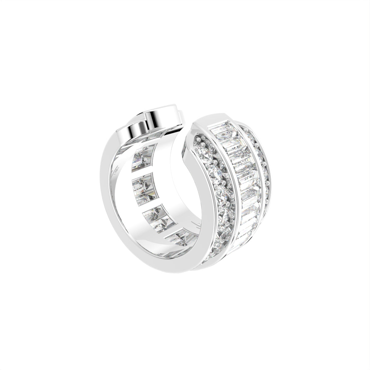 14K White Gold Baguette Diamond Piercing Earrings — 3D VIEW