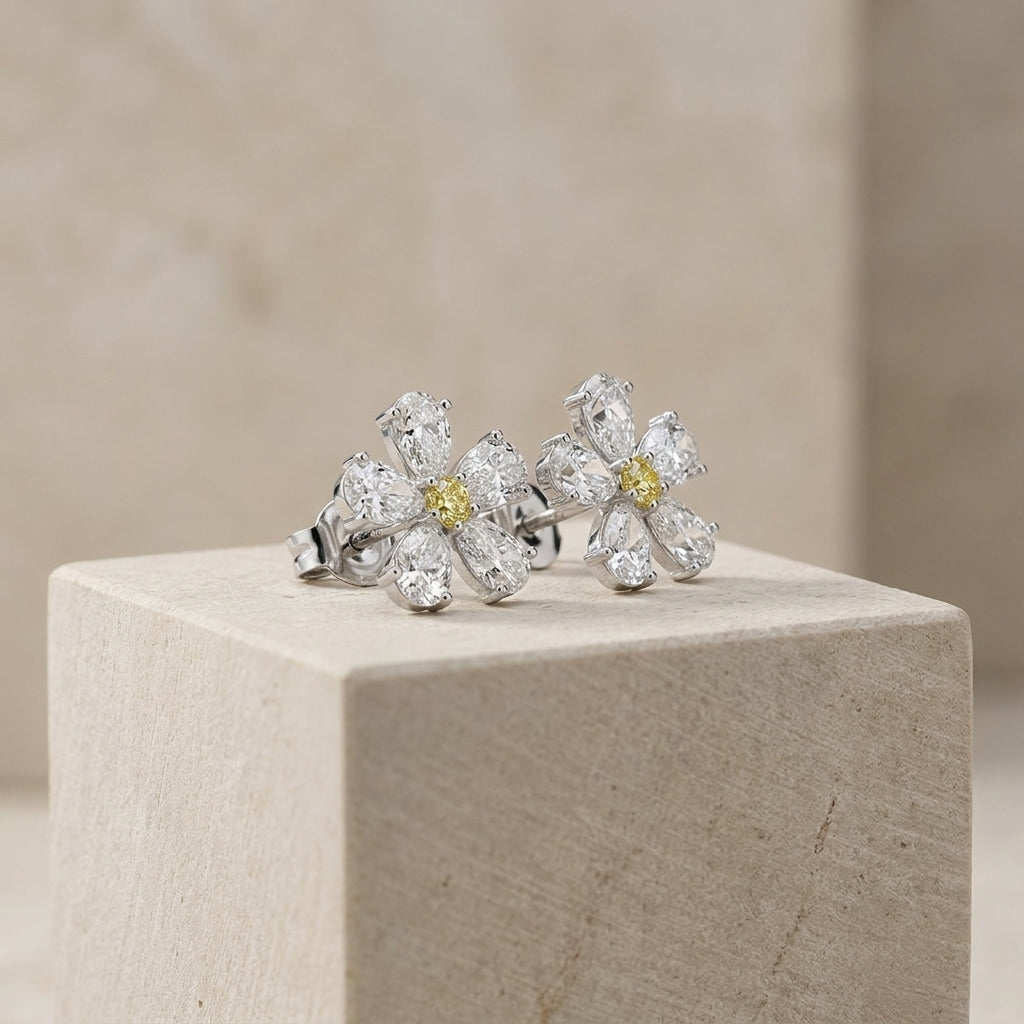 14K White Gold Pear Floral Diamond Earrings