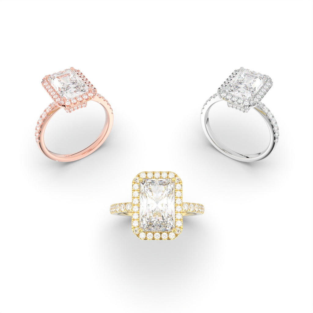 18K White Gold Halo Radiant Diamond Ring — 3 COLOR