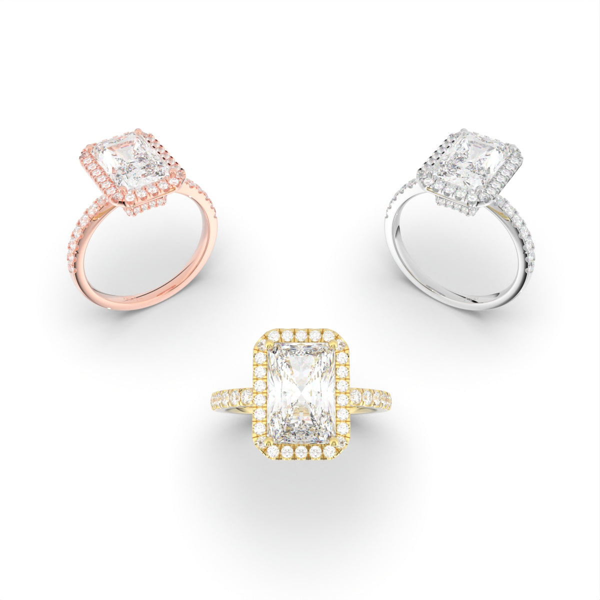 18K White Gold Halo Radiant Diamond Ring — 3 COLOR