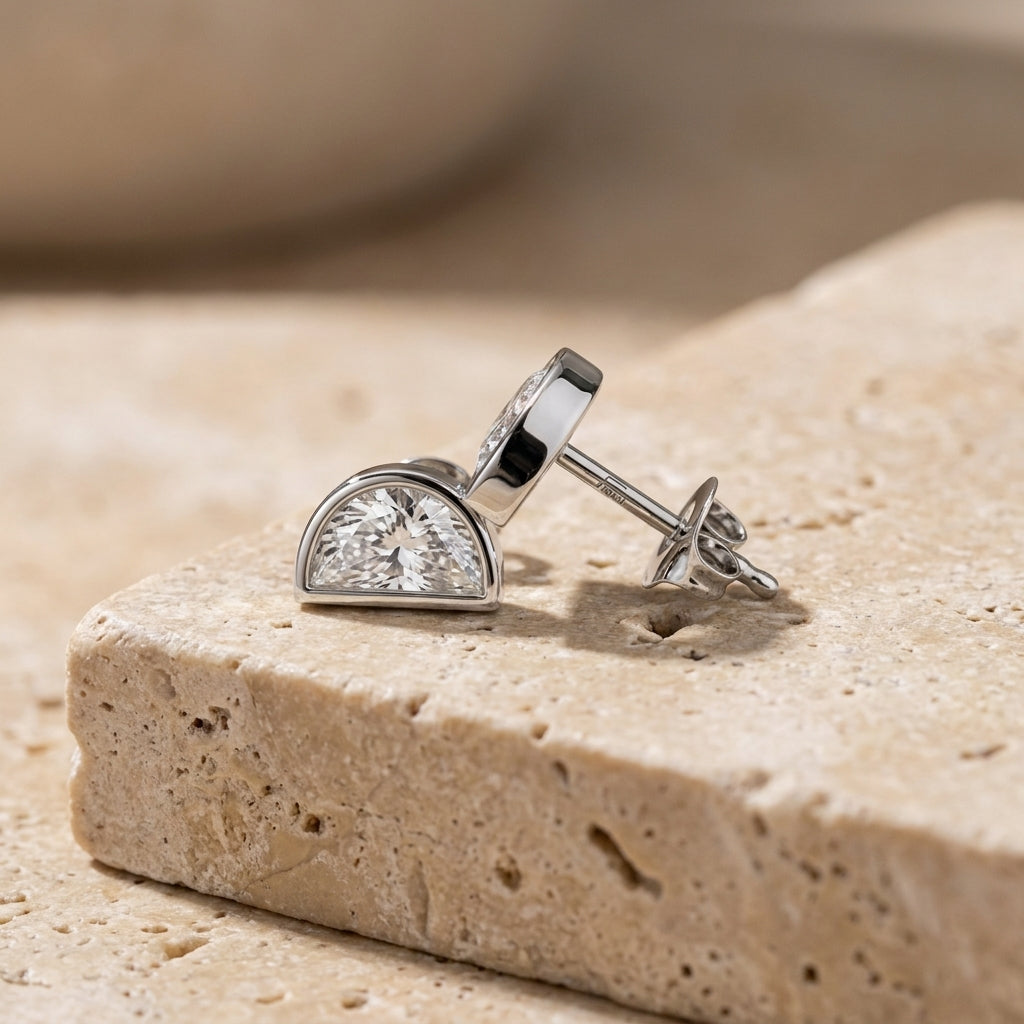 18K White Gold Half Moon Solitaire Diamond Earrings