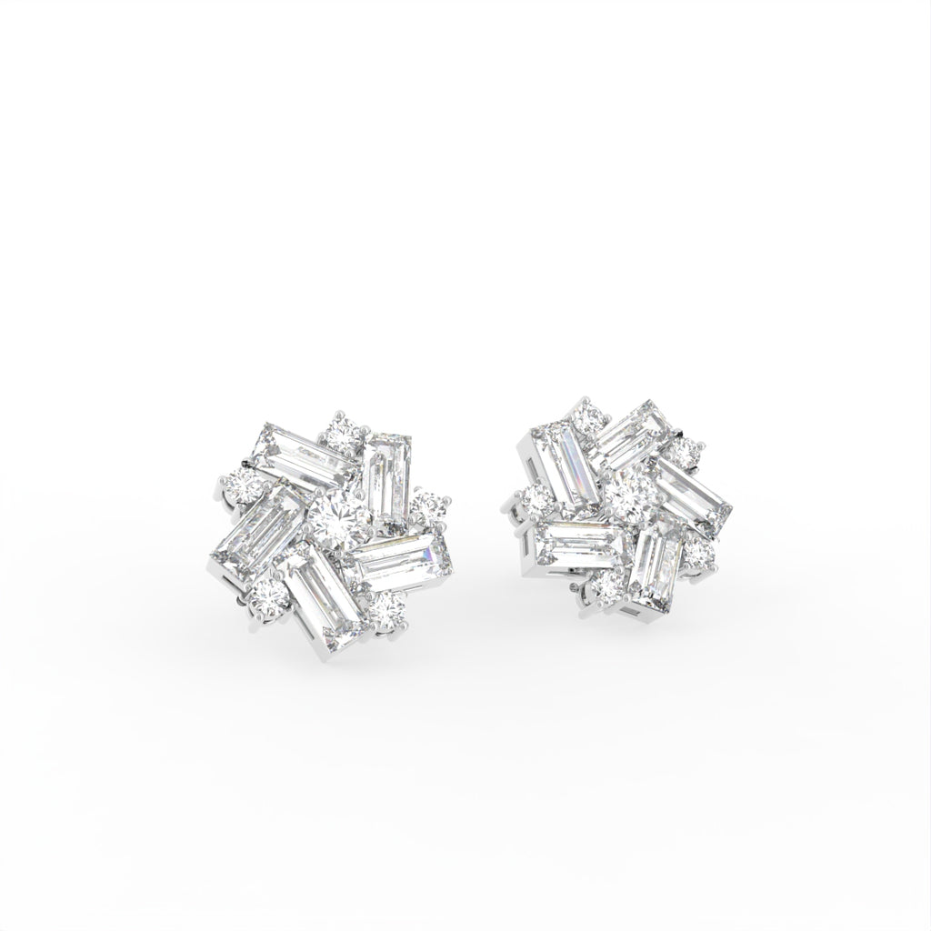 14K White Gold Floral Baguette Diamond Earrings — 3D VIEW