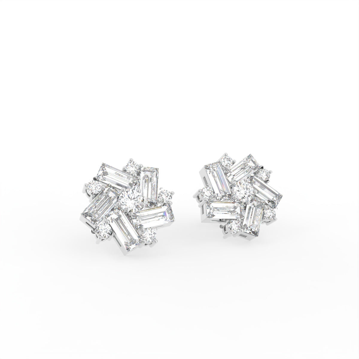 14K White Gold Floral Baguette Diamond Earrings — 3D VIEW