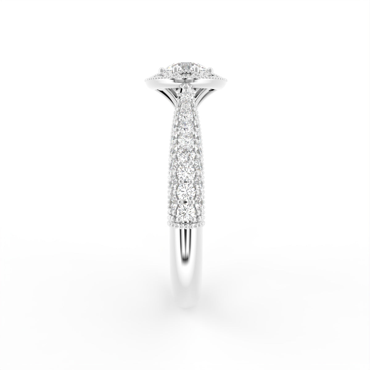 18K White Gold Halo Round Diamond Ring — SIDE
