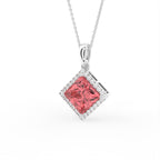 18K White Gold Halo Princess Pink Diamond Pendant — 3D VIEW