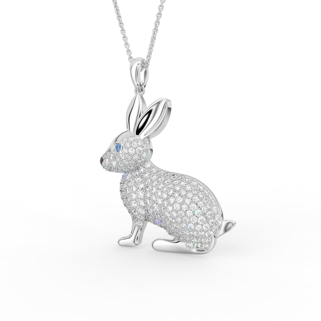 18K White Gold Bunny Round Diamond Pendant — 3D VIEW