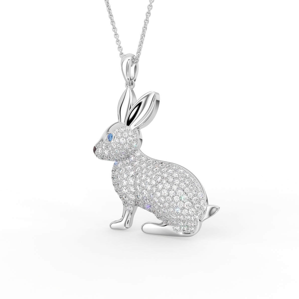 18K White Gold Bunny Round Diamond Pendant — 3D VIEW