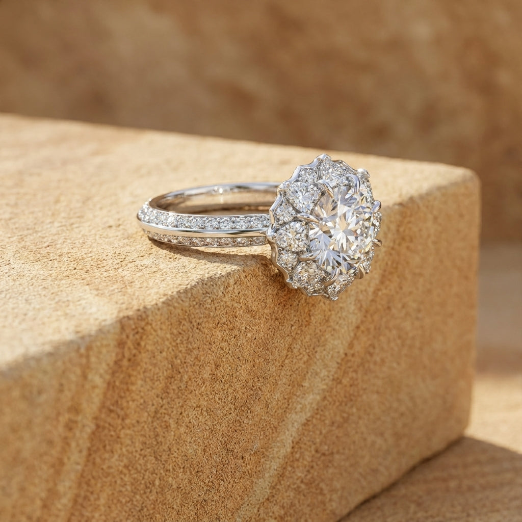 18K White Gold Floral Round Diamond Ring