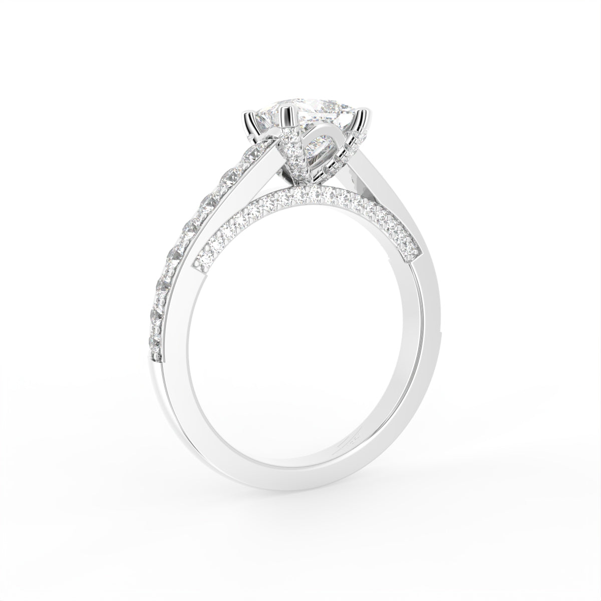 18K Princess Cut Diamond Shoulder Set Ring — 3D VIEW