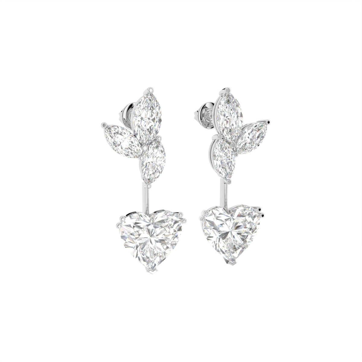 18K White Gold Heart Marquise Diamond Drop Earrings — 3D VIEW