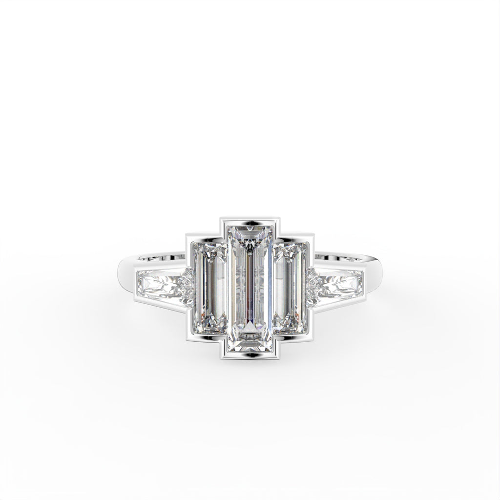 vimg:FJ3230|vimg:FJ3231|18K White Gold Trilogy Baguette Diamond Ring — TOP