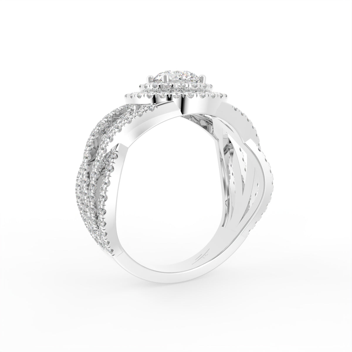 18K Halo Round Diamond Split Shank Ring — 3D VIEW