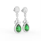 18K White Gold Pear Emerald Diamond Drop Earrings — 3D VIEW