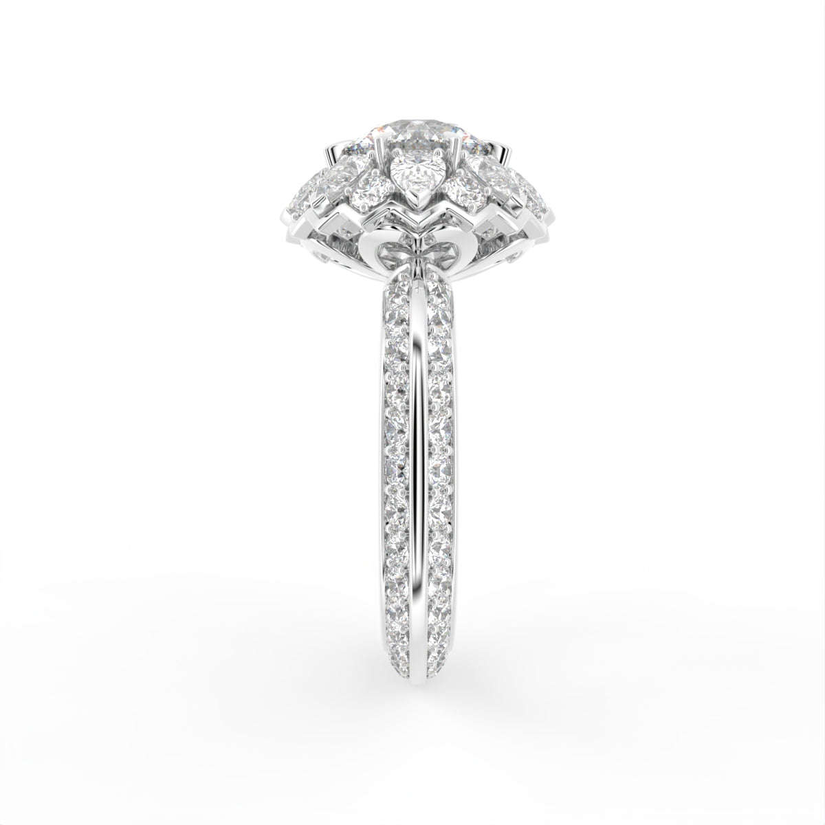 18K White Gold Floral Round Diamond Ring — SIDE