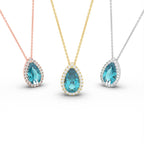 18K White Gold Halo Pear Diamond Pendant — 3 COLOR