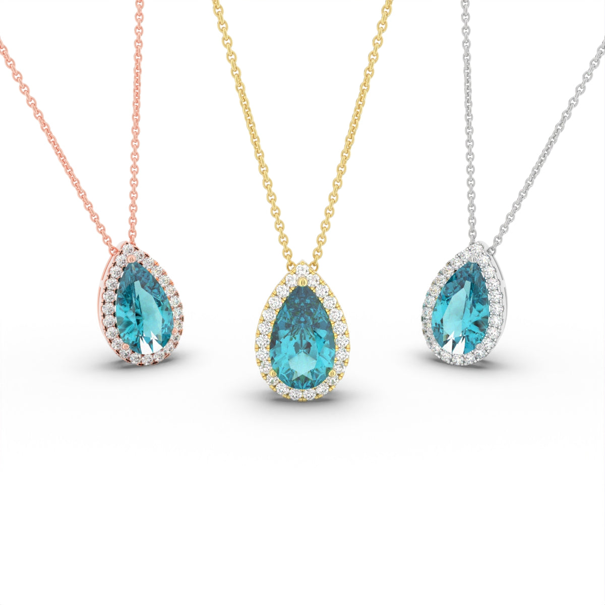 18K White Gold Halo Pear Diamond Pendant — 3 COLOR