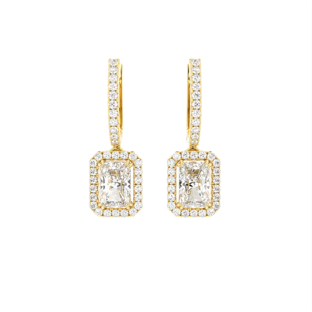 18K Halo Emerald Cut Diamond Drop Earrings — TOP
