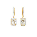 18K Halo Emerald Cut Diamond Drop Earrings — TOP