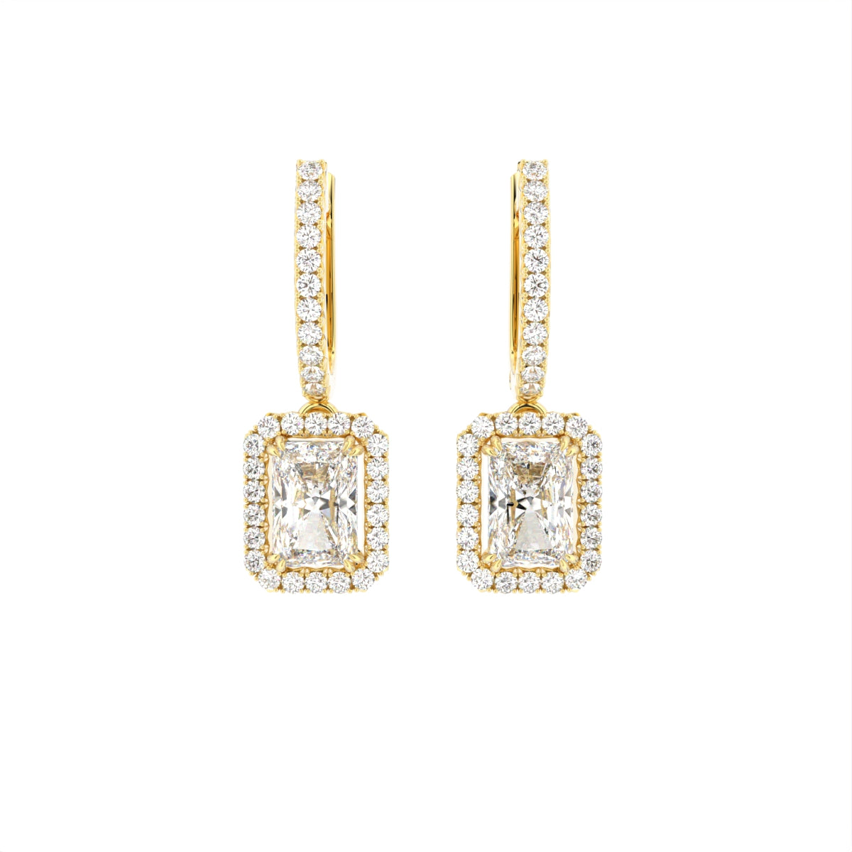 18K Halo Emerald Cut Diamond Drop Earrings — TOP