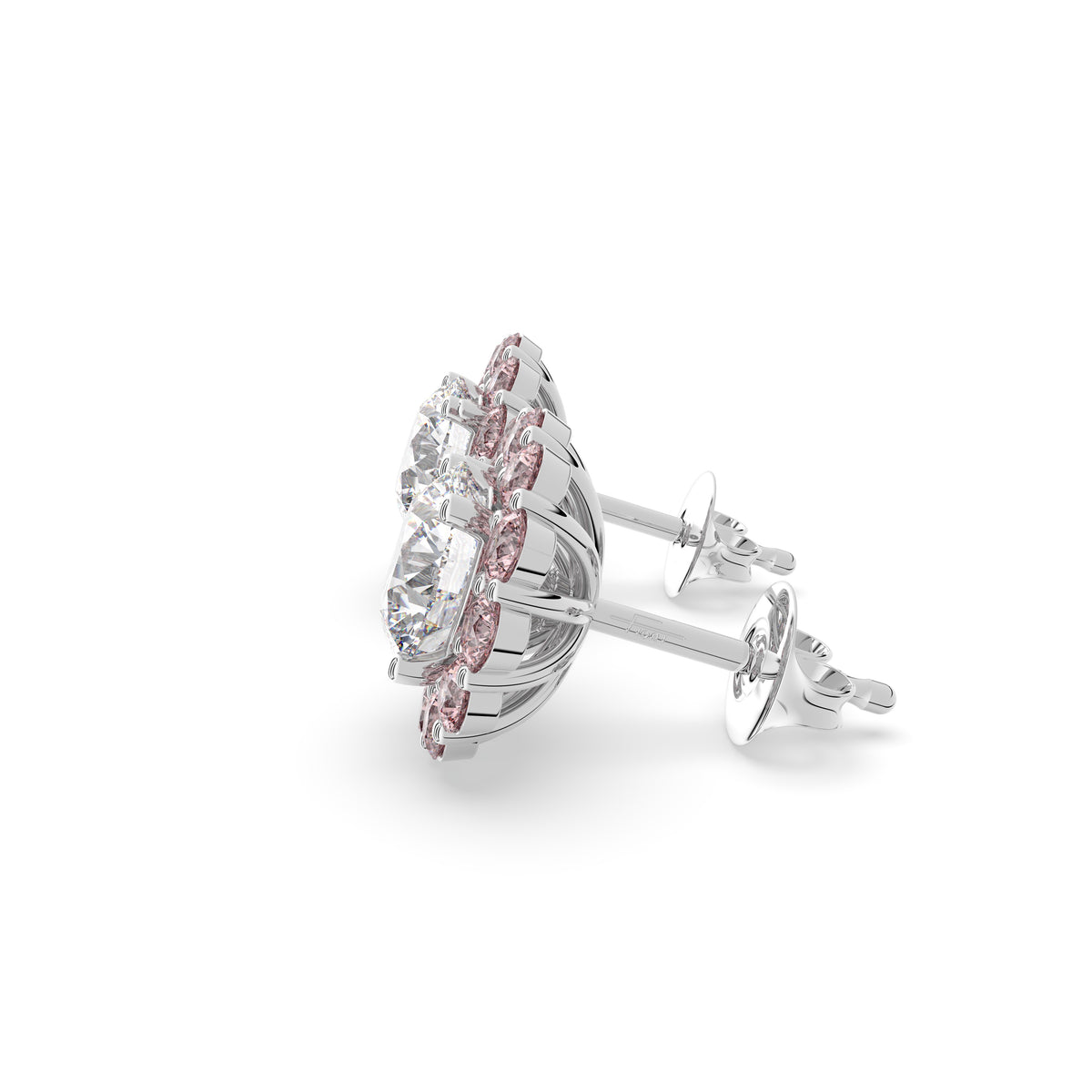 18K Pink Halo Round Diamond Earrings — SIDE VIEW