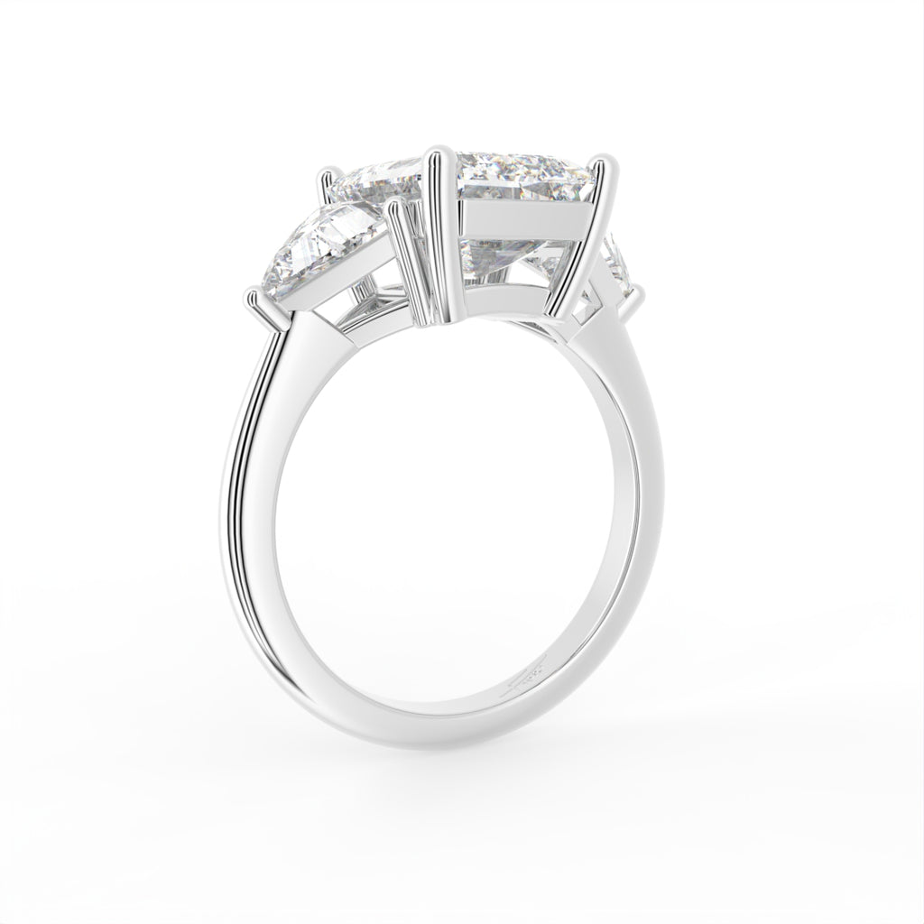 18K Trilogy Emerald Cut Diamond Ring — 3D VIEW