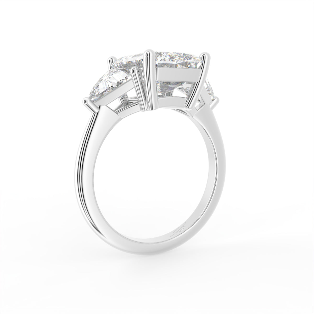 18K Trilogy Emerald Cut Diamond Ring — 3D VIEW